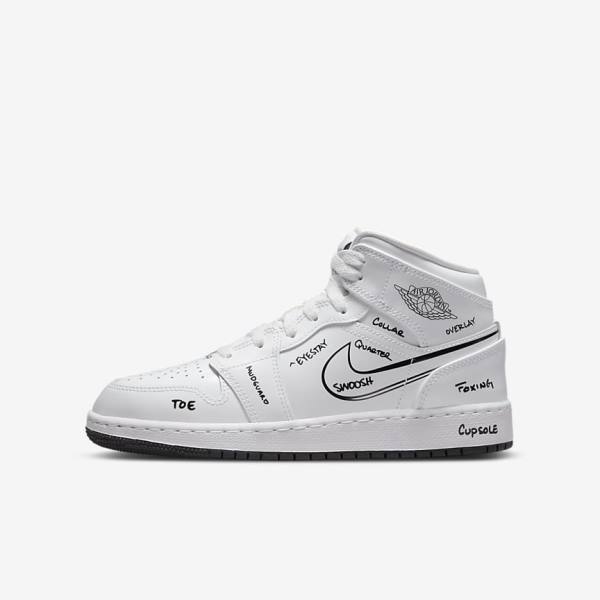 Kids\' Nike Air Jordan 1 Mid Older Jordan Shoes White / Black | NK782PST