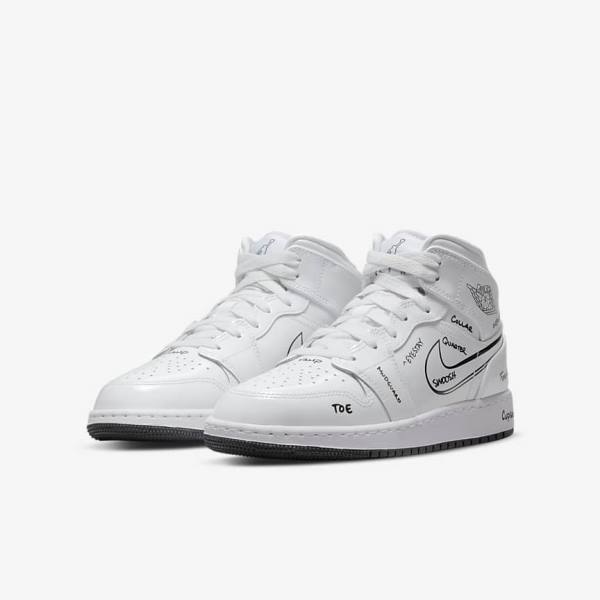 Kids' Nike Air Jordan 1 Mid Older Sneakers White / Black | NK921MUS