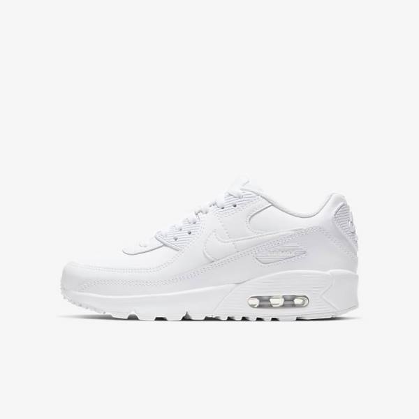 Kids\' Nike Air Max 90 LTR Older Sneakers White / Metal Silver / White | NK069ARK