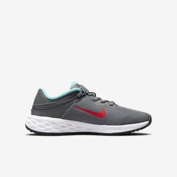 Kids' Nike Revolution 6 FlyEase Older Easy On-Off Road Running Shoes Grey / Turquoise / Red | NK259WUO