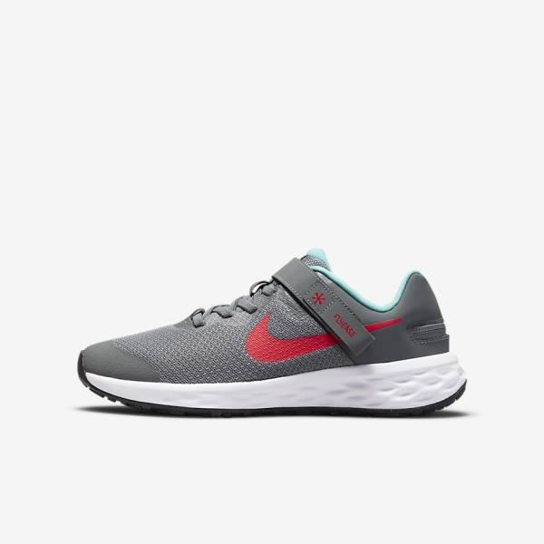 Kids\' Nike Revolution 6 FlyEase Older Easy On-Off Road Running Shoes Grey / Turquoise / Red | NK259WUO