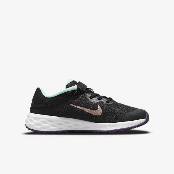 Kids' Nike Revolution 6 FlyEase Older Easy On-Off Road Running Shoes Black / Mint / Purple / Metal Red Brown | NK624UWF