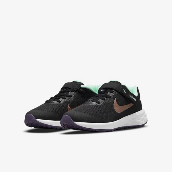 Kids' Nike Revolution 6 FlyEase Older Easy On-Off Road Running Shoes Black / Mint / Purple / Metal Red Brown | NK624UWF