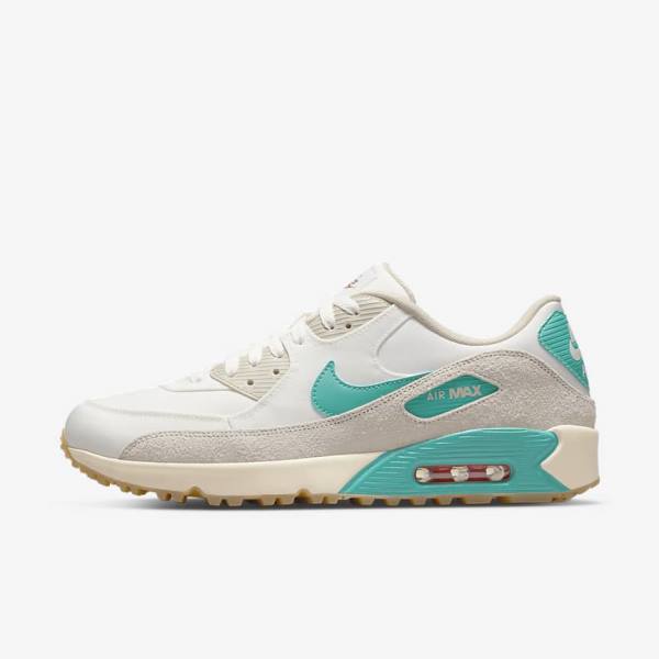 Men\'s Nike Air Max 90 G Golf Shoes White / Light Brown / Turquoise | NK027KHL