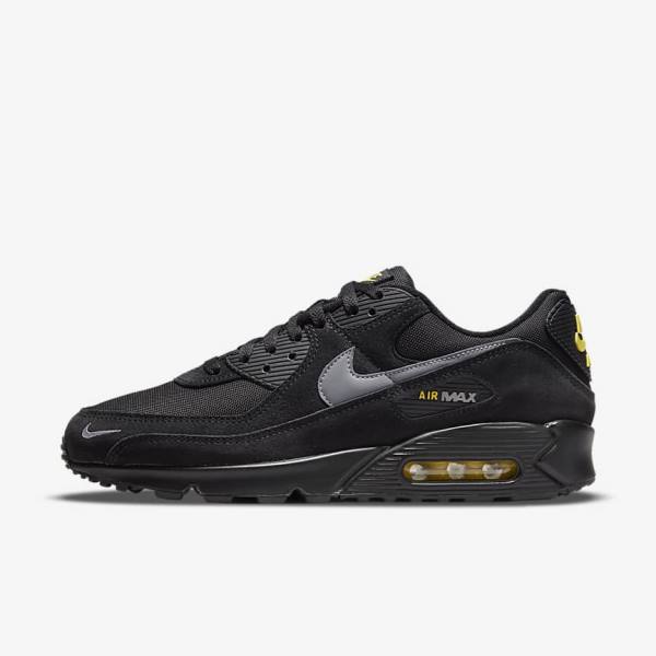 Men\'s Nike Air Max 90 Sneakers Black / Yellow / Metal Grey | NK174VYD