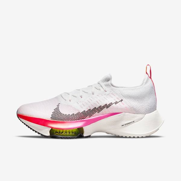 Men\'s Nike Air Zoom Tempo NEXT% Flyknit Road Running Shoes White / Coral / Pink / Black | NK759FKG