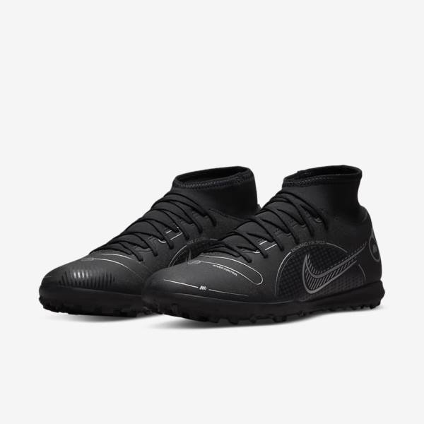 Men's Nike Mercurial Superfly 8 Club TF Turf Football Shoes Black / Grey / Metal Silver | NK458UMV