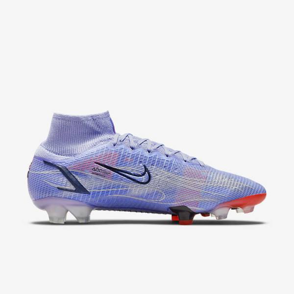 Men's Nike Mercurial Superfly 8 Elite KM FG Firm-Ground Football Shoes Indigo / Light Red / Metal Silver | NK843EKW