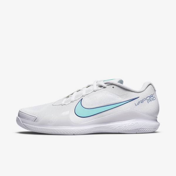 Men\'s Nike NikeCourt Air Zoom Vapor Pro Hard-Court Tennis Shoes White / Light Beige / Royal Blue / Turquoise | NK524TOM