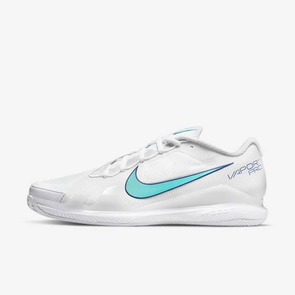 Men\'s Nike NikeCourt Air Zoom Vapor Pro Clay Court Tennis Shoes White / Light Beige / Royal Blue / Turquoise | NK564MKD