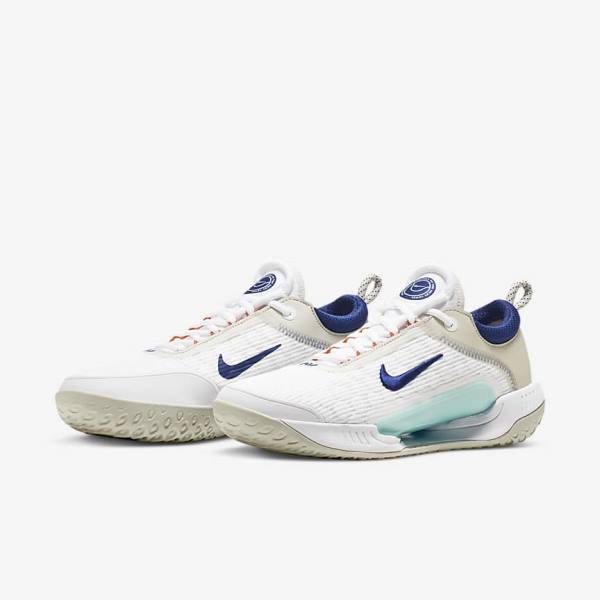 Men's Nike NikeCourt Zoom NXT Hard Court Tennis Shoes White / Light Beige / Turquoise / Royal Blue | NK561TNX