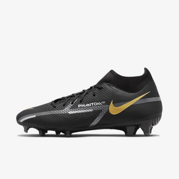 Men\'s Nike Phantom GT2 Academy Dynamic Fit MG Multi-Ground Football Shoes Black / Metal Gold / Dark Grey / Metal Dark Grey | NK381RHG