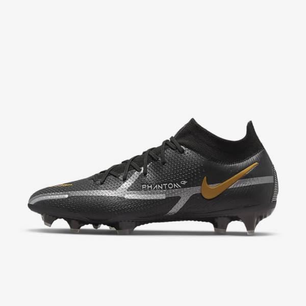 Men\'s Nike Phantom GT2 Dynamic Fit Elite FG Firm-Ground Football Shoes Black / Metal Gold / Metal Silver / Metal Dark Grey | NK628ABS