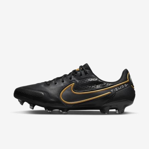 Men\'s Nike Tiempo Legend 9 Elite FG Firm-Ground Football Shoes Black / Dark Grey / Metal Gold / Metal Dark Grey | NK731FBM