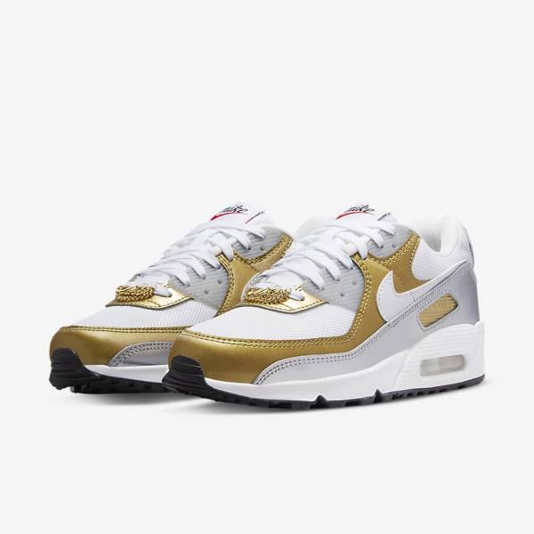 Women's Nike Air Max 90 SE Sneakers White / Metal Gold / Metal Silver / White | NK750MKS