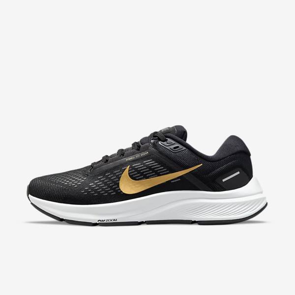 Women\'s Nike Air Zoom Structure 24 Road Running Shoes Black / Dark Grey / Metal Gold | NK084BPX