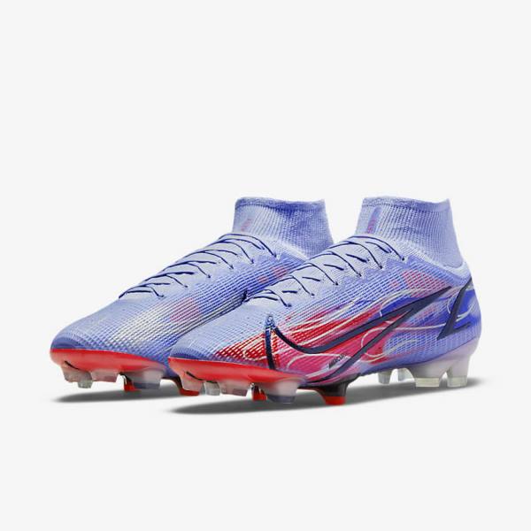 Women's Nike Mercurial Superfly 8 Elite KM FG Firm-Ground Football Shoes Indigo / Light Red / Metal Silver | NK312WBV