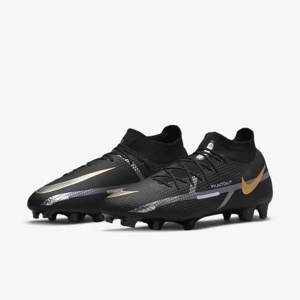 Women's Nike Phantom GT2 Pro Dynamic Fit FG Firm-Ground Football Shoes Black / Metal Gold / Metal Silver / Metal Dark Grey | NK209SMA