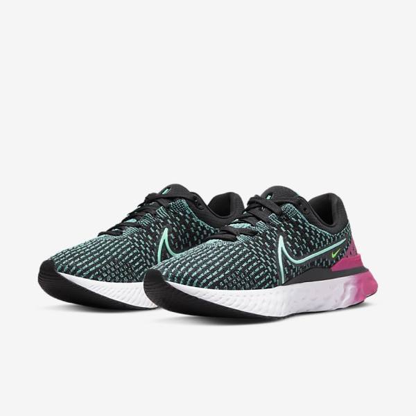 Women's Nike React Infinity Run Flyknit 3 Road Running Shoes Black / Pink / Turquoise / Turquoise | NK376NOD