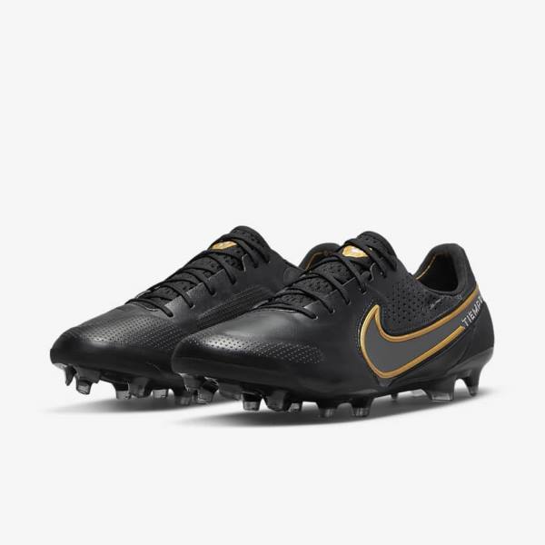 Women's Nike Tiempo Legend 9 Elite FG Firm-Ground Football Shoes Black / Dark Grey / Metal Gold / Metal Dark Grey | NK015JOT