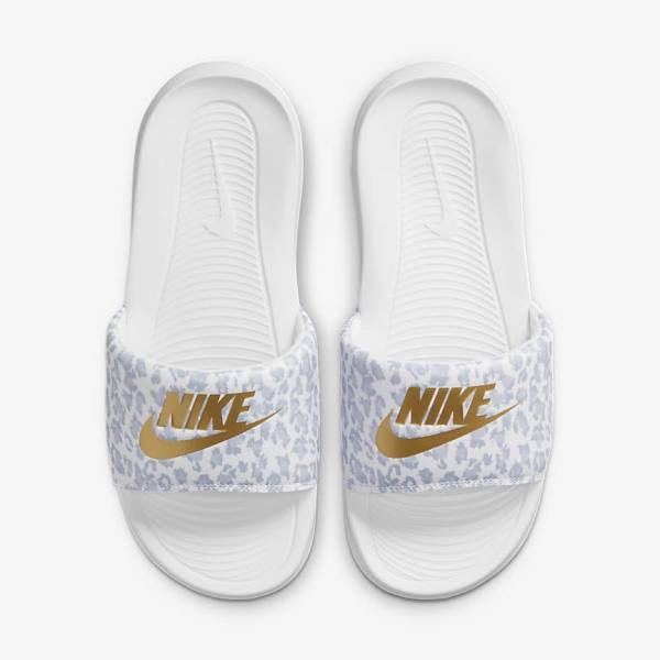 Women's Nike Victori One Print Slides White / Grey / Platinum / Metal Gold | NK730YPZ