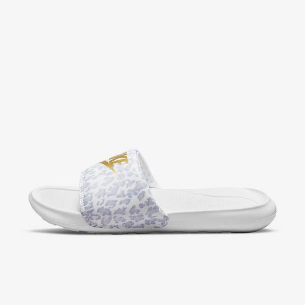 Women\'s Nike Victori One Print Slides White / Grey / Platinum / Metal Gold | NK730YPZ