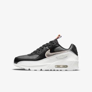 Kids' Nike Air Max 90 LTR SE Older Sneakers Black / White / Metal Blue Grey | NK517BOM