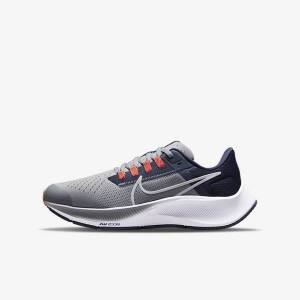 Kids' Nike Air Zoom Pegasus 38 Older Road Running Shoes Grey / Navy / Orange / White | NK792BUD