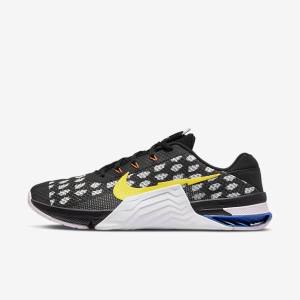 Men's Nike Metcon 7 Training Shoes Black / White / Blue / Yellow | NK564UQC